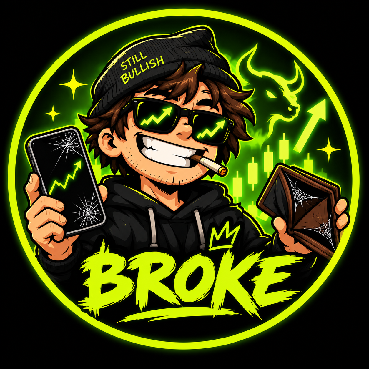 Original BROKE trader mascot in a black beanie and hoodie, neon chart sunglasses, holding a cracked phone and an empty wallet